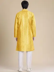 Anouk Yellow Floral Printed Mandarin Collar Raw Silk Straight Kurta