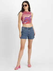 JUNEBERRY women high neck pure cotton abstract Printed Crop Top
