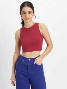 JUNEBERRY Solid Pure Cotton Sleeveless Crop Top