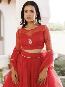 Ragavi Embellished Thread Work Organza Ready to Wear Lehenga & Blouse With Dupatta