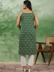 Sangria Green & White Ethnic Motif Printed Shoulder Straps Cotton Straight Kurta