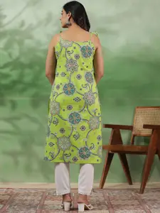 Sangria Lime Green & Blue Ethnic Motif Printed Shoulder Straps Cotton Straight Kurta