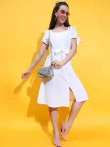 Oxolloxo Short Puff Sleeves Square Neck With Tie-Knot Belt Below Knee Cotton A-Line Dress