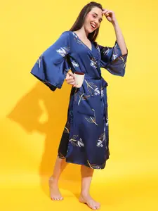 Oxolloxo Floral Print Satin Midi Nightdress with Tie-Knot Belt