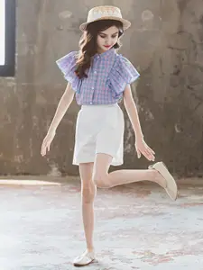 INCLUD Girls Checked Flared Sleeve Band Collar Shirt With Shorts