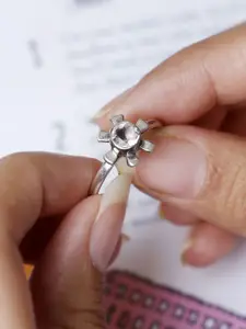 Exotic India Quartz Gemstone Sterling Silver Floral Design Ring