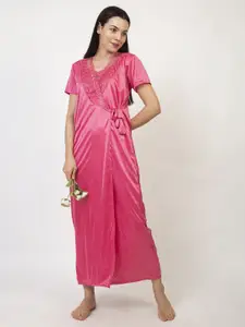 AVYAY Solid Satin Finish Night Dress with Robe