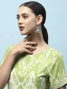 Biba Silver-Plated Stone Studded & Beaded Contemporary Jhumkas