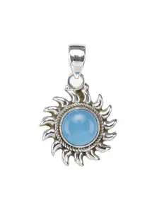 Exotic India Precious Sky Blue Chalcedony Gemstone Sterling Silver Sun Pendant
