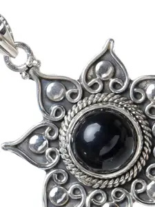 Exotic India Black Onyx Gemstone Round Cut Sterling Silver Flower Pendant