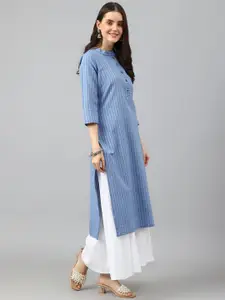 KALINI Striped Thread Work Mandarin Collar Cotton Straight Kurta