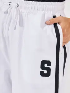 Styli Men White Premium Side Tape Wide Leg Jogger With Twill Applique Embroidery Badge