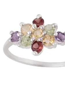 Exotic India Silver-Plated Gemstone Studded Finger Ring