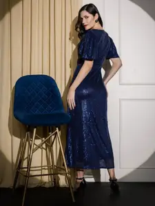 Molly & Michel Women Embellished V-Neck Flared Sleeve Sequined Net Maxi Dress