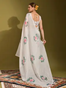 KALINI Floral Pure Linen Saree With Tassels