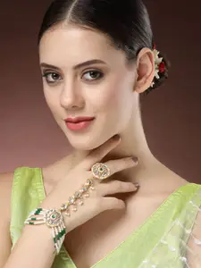 NVR Gold-Plated Kundan Stone Studded & Beaded Ring Bracelet