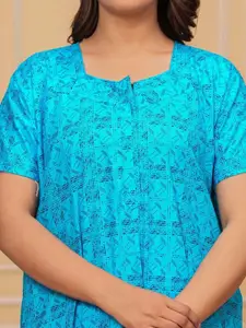 JVSP FASHION Women 2 Pcs Printed Square Neck Short Sleeves Cotton Maxi Nightdress