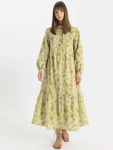 DeFacto Women Printed Cuffed Sleeves Cotton A-Line Midi Dress