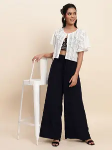 UnaOne Self Design Keyhole Neck Sheer Cotton Lace Crop Open Front Shrug