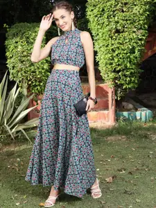 Sera Green Floral Printed Keyhole Neck Cotton Top with Skirt