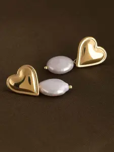 PALMONAS Dangling Pearl Heart Gold-Plated Drop Earrings
