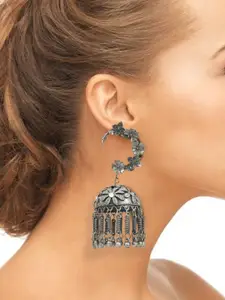 VAGHBHATT Silver-Plated Floral Style Oxidized Jhumkas