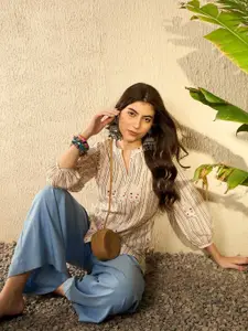 KALINI Striped Mandarin Collar Longline Top