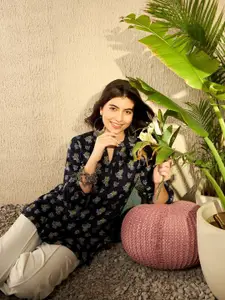 KALINI Floral Print Mandarin Collar Ethnic Shirt Style Top