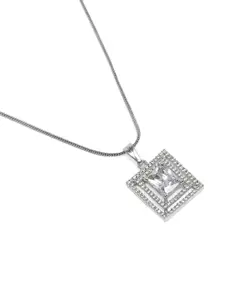 Estele Rhodium-Plated Square CZ Pendant with Chain