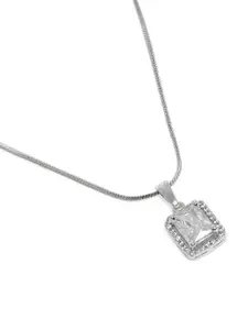 Estele Rhodium-Plated Square CZ Pendant with Chain