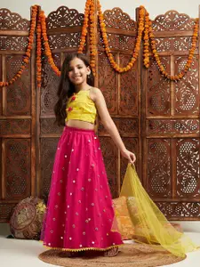 pspeaches Girls Embroidered Mirror Work Net Ready to Wear Lehenga & Blouse With Dupatta
