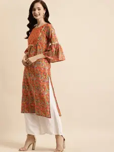 Anouk Orange Floral Printed Bell Sleeves Pure Cotton Straight Kurta