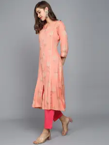 Anouk Pink Floral Printed Mandarin Collar Straight Kurta