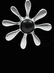Exotic India Black Onyx Gemstone Sterling Silver Floral Pendant