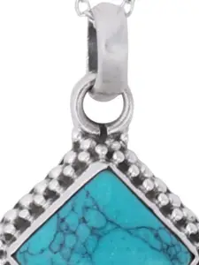 Exotic India Precious Turquoise Gemstone Framed Sterling Silver Pendant