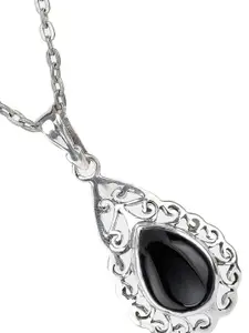 Exotic India Black Onyx Gemstone Drop Shaped Sterling Silver Pendant