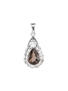 Exotic India Black Onyx Gemstone Drop Shaped Sterling Silver Pendant