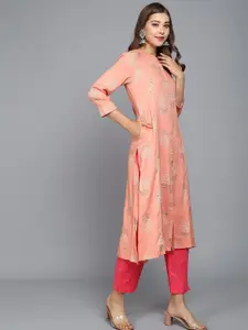 Anouk Peach Coloured Floral Printed Mandarin Collar Straight Kurta