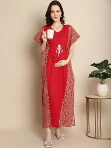 Secret Wish Floral Printed Pure Cotton Maternity Kaftan Maxi Nightdress