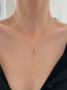 MYKI Gold-Plated Stainless Steel Cubic Zirconia Square Pendant With Chain