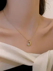 MYKI Gold-Plated Stainless Steel Cubic Zirconia Moon Pendant With Chain