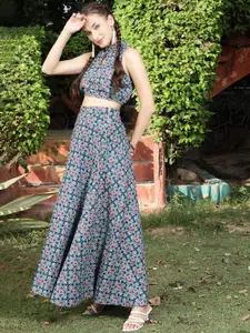 Sera Printed Halter Neck Sleeveless Pure Cotton Ethnic Top With Skirts