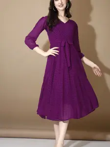 Fashion Basket Printed Puff Sleeves Belted Fit and Flare Midi Dress