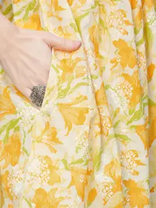 RATAN Floral Printed Notch Neck Thread Work Pure Cotton A-Line Kurta