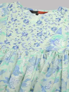 RATAN Floral Printed Notch Neck Thread Work Pure Cotton A-Line Kurta