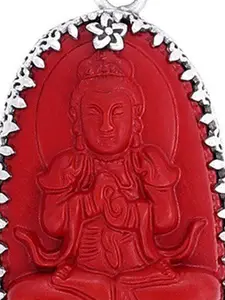 Exotic India Red Stone Chinese Buddha with Precious Coral Gemstone Sterling Silver Pendant