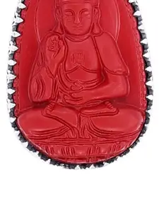 Exotic India Red Stone Buddha with Precious Cubic Zirconia Sterling Silver Pendant