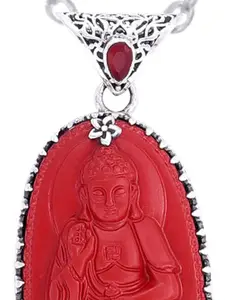 Exotic India Red Stone Buddha with Precious Garnet Gemstone Sterling Silver Pendant