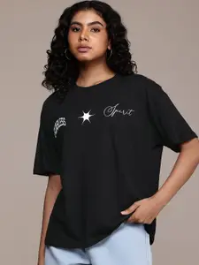 The Roadster Life Co. Typography Printed Drop-Shoulder Sleeves Pure Cotton Boxy T-shirt
