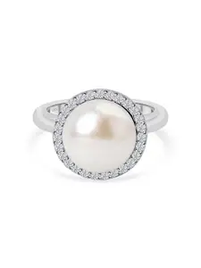Ornate Jewels Women 925 Sterling Silver Freshwater Pearl and American Diamond Halo Ring